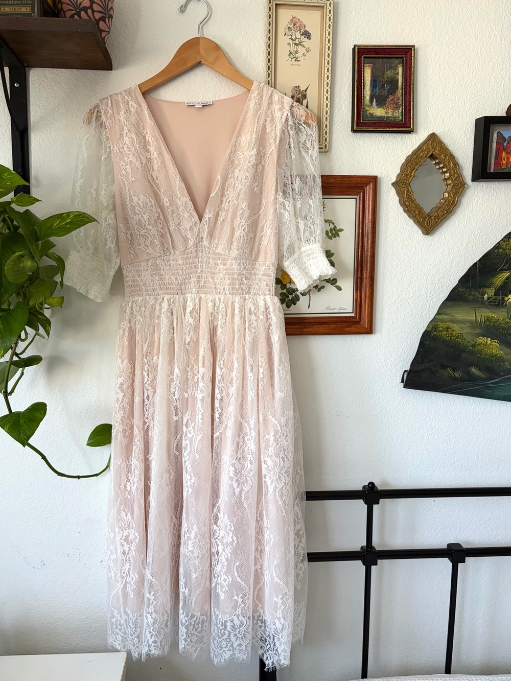 Elegant Boho Elaina Lace V-Neck Midi Dress in Off White Cream Baltic Born Small